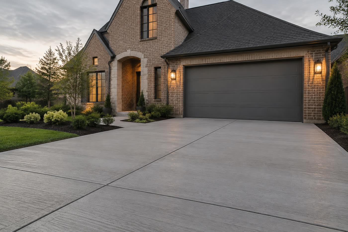 A concrete driveway in front of a house