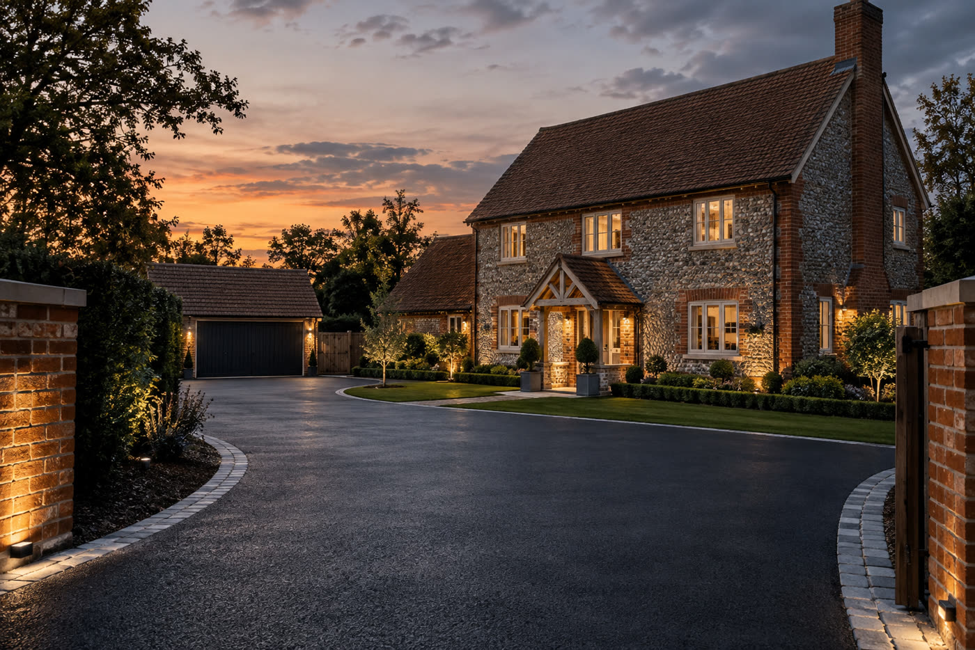 A tarmac driveway with block paving edging in front of a flint cottage