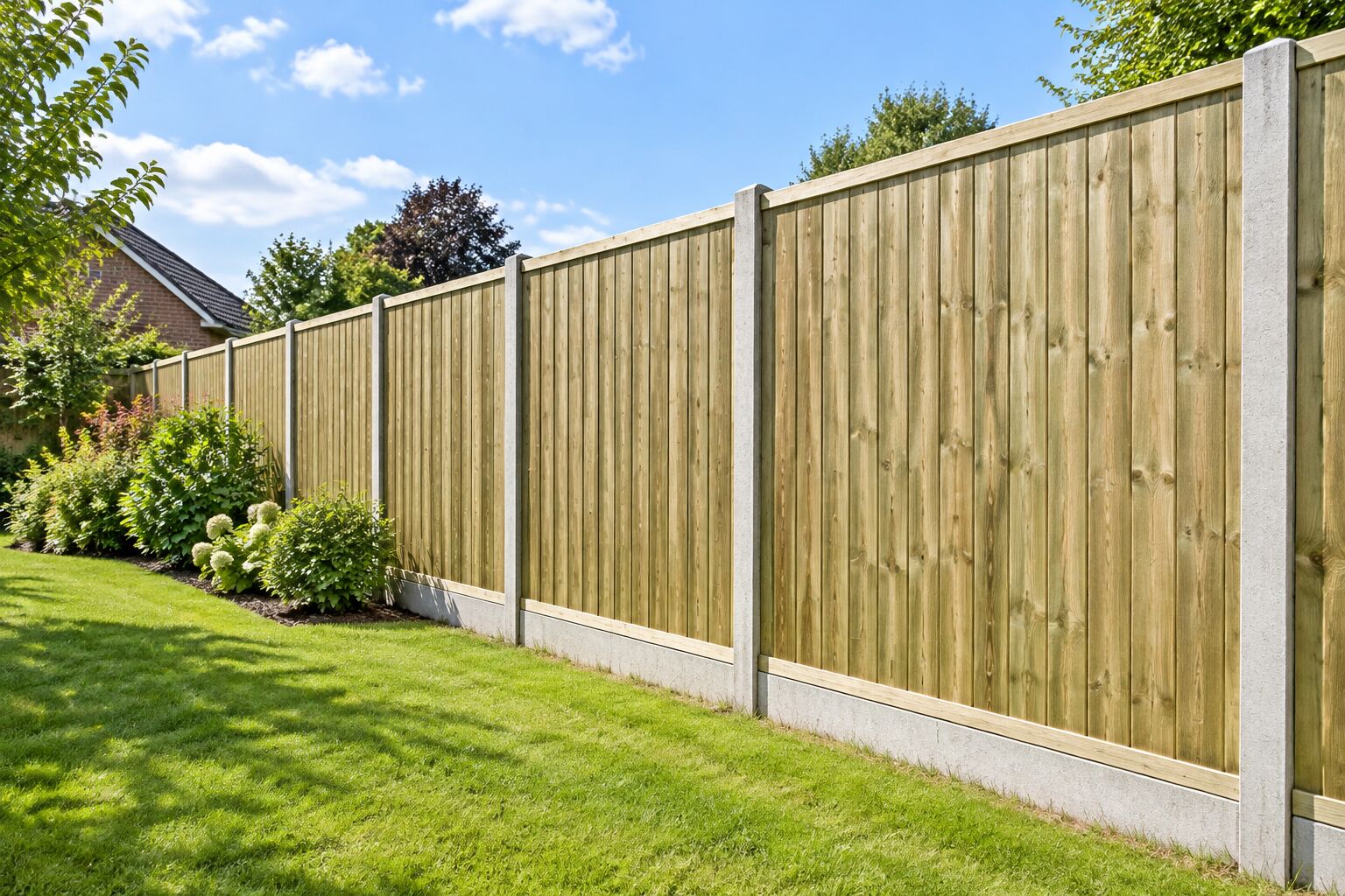 A new 6ft closeboard timber fence with concrete posts along a sunny garden lawn