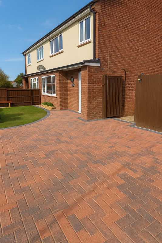 Red and brown herringbone block paving in front of a red brick house, with charcoal edging around the lawn