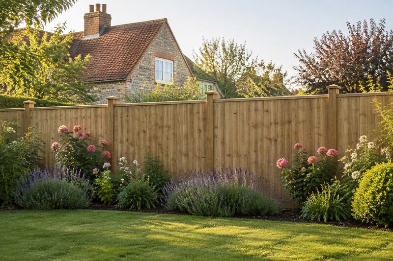 Illustrative image of a 6ft closeboard timber fence with capped wooden posts behind a flower border