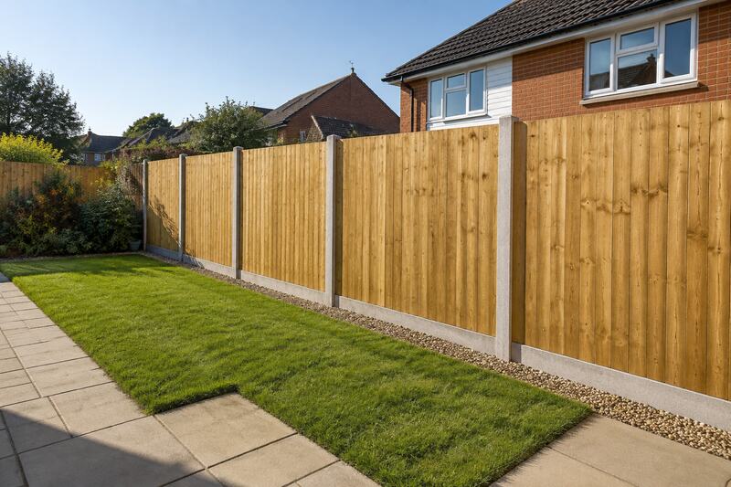 Illustrative image of a 6ft closeboard timber fence with concrete posts and gravel boards along a garden lawn and patio