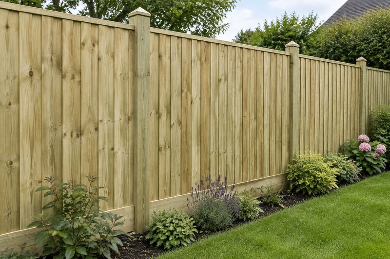 Illustrative close-up of closeboard fencing with square pressure-treated wooden posts and post caps